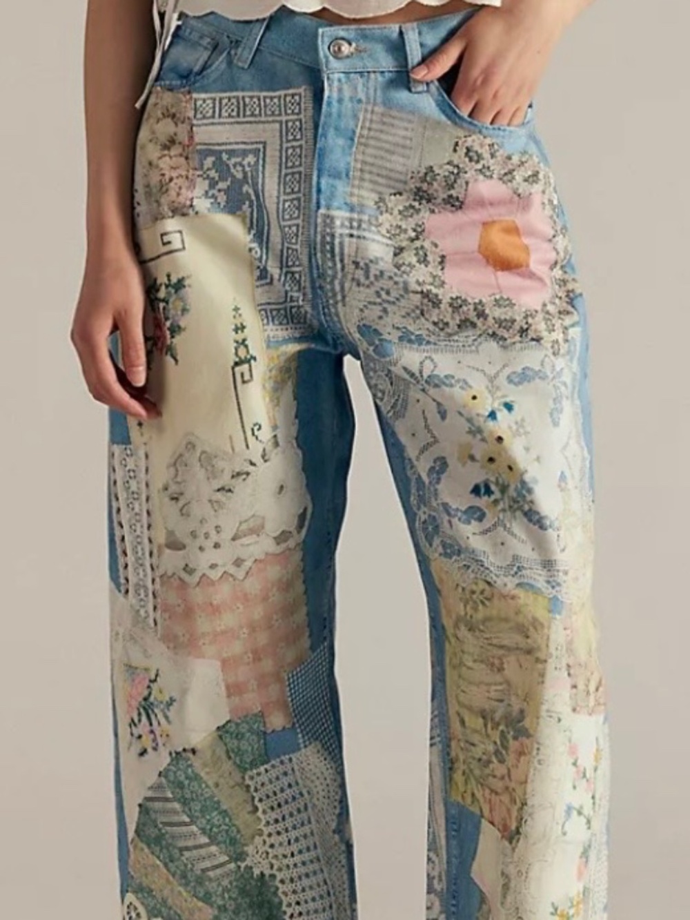 Free People Patchwork High-Rise Wide-Leg Jeans in Light Blue, Cream, Pink